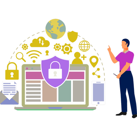 Man pointing at security system  Illustration