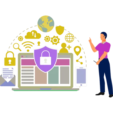 Man pointing at security system  Illustration