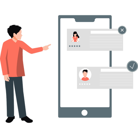 Man pointing at star rated profile on mobile  Illustration