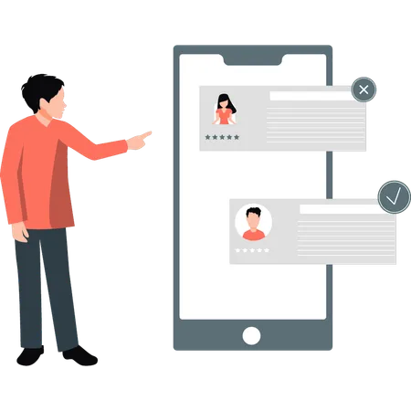 Man pointing at star rated profile on mobile  Illustration