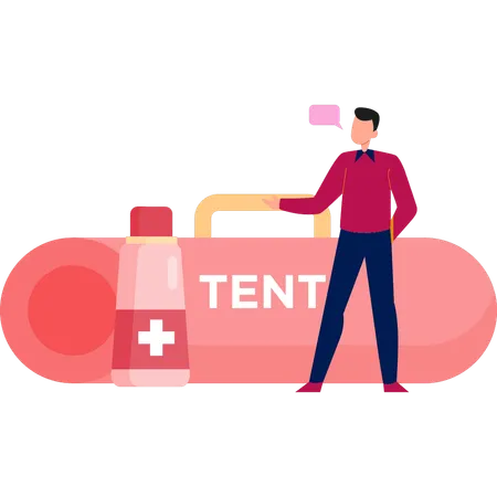 Man Pointing At Tent Box  Illustration