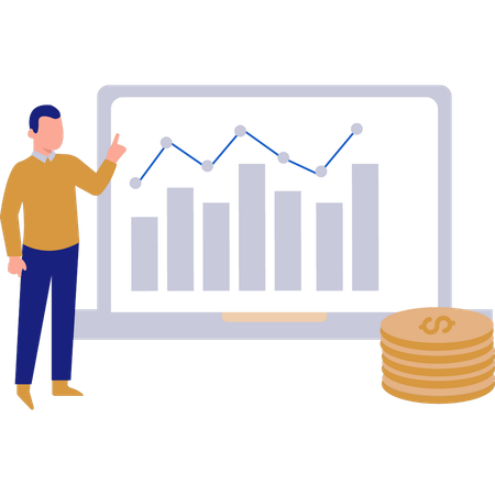 Man pointing at various graph on laptop  Illustration