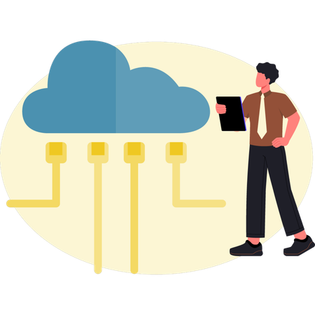 Man pointing cloud networking  Illustration