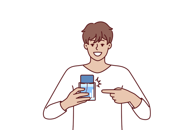 Man pointing finger at perfume bottle recommending to buy cologne  イラスト