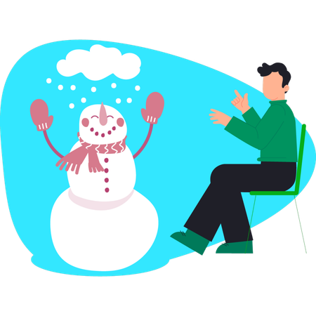 Man pointing happy Snowman with snow fall  Illustration