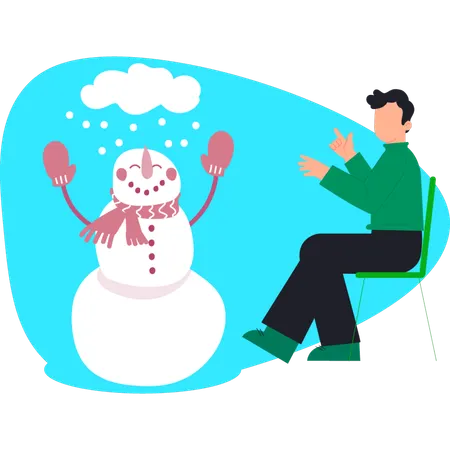 Man pointing happy Snowman with snow fall  Illustration