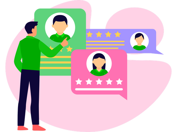 Man pointing Multiple reviews  Illustration