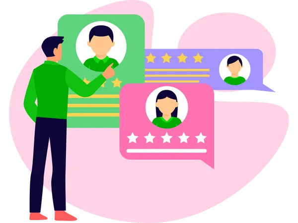Man pointing Multiple reviews  Illustration