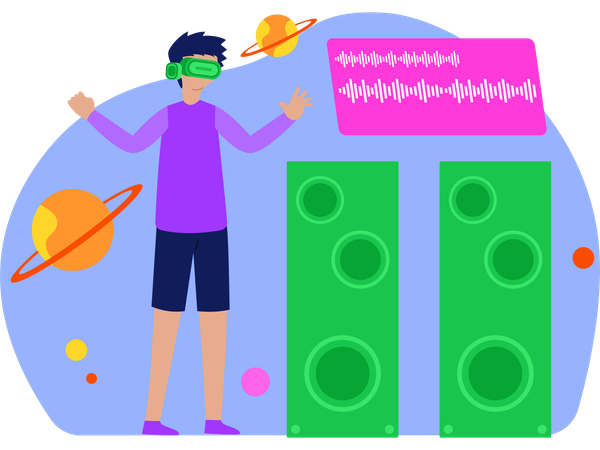 Man Pointing Music Speaker Using Vr Technology  Illustration