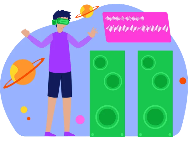 Man Pointing Music Speaker Using Vr Technology  Illustration