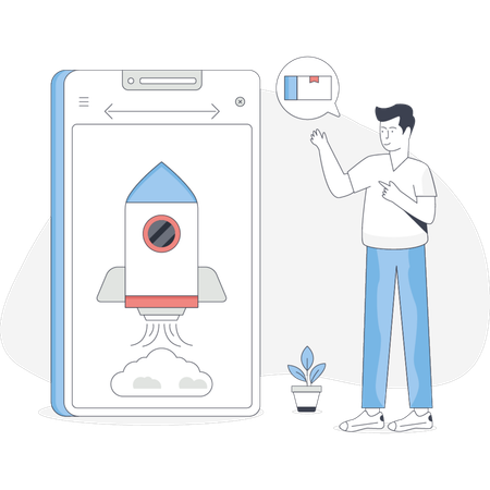 Man pointing on startup rocket  Illustration