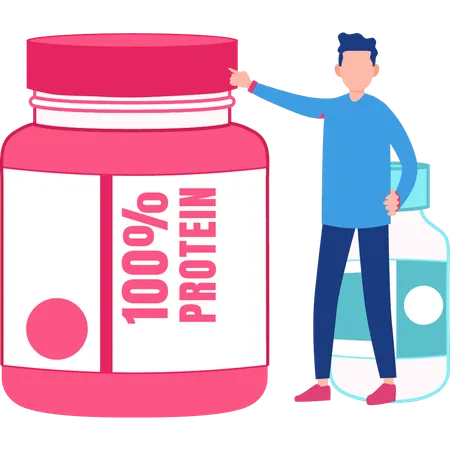 Man pointing to 100 percentage protein jar  Illustration