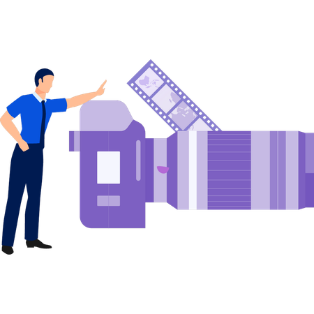 Man pointing to  camera reel  Illustration