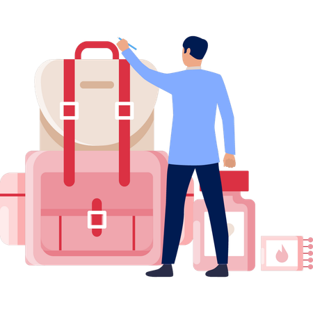 Man Pointing To Camping Bag  Illustration