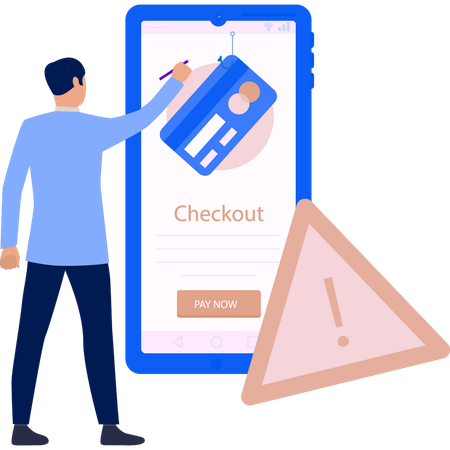 Man pointing to credit card on mobile phone  イラスト