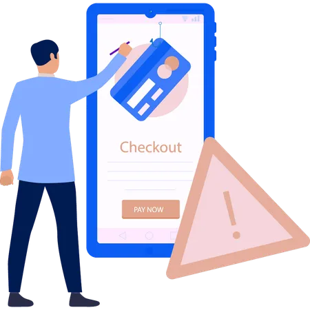 Man pointing to credit card on mobile phone  Illustration