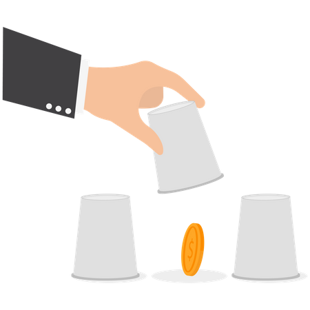 Man pointing to cup to reveal money coin  Illustration