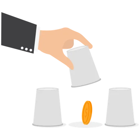 Man pointing to cup to reveal money coin  Illustration