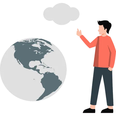 Man pointing to Earth globe  イラスト
