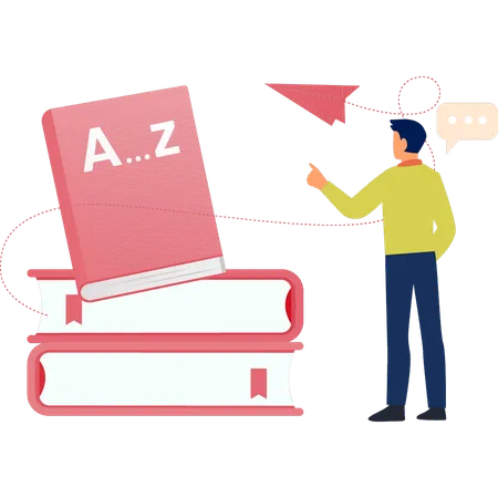 Man pointing to English books  Illustration