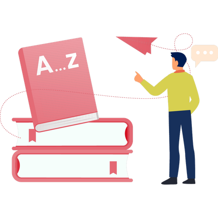 Man pointing to English books  Illustration