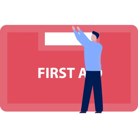 Man Pointing To First Aid Box  イラスト