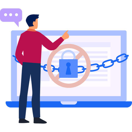 Man pointing to locked laptop  Illustration