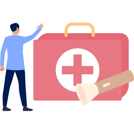 A Boy Is Pointing To Medical Aid Box Illustration