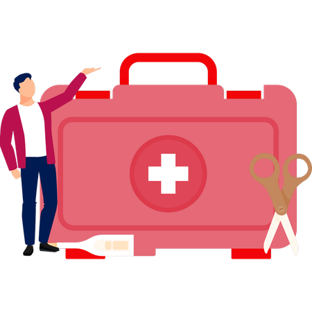 Man Pointing To Medicine In First Aid Box  イラスト