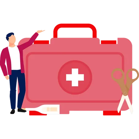 Man Pointing To Medicine In First Aid Box  Illustration