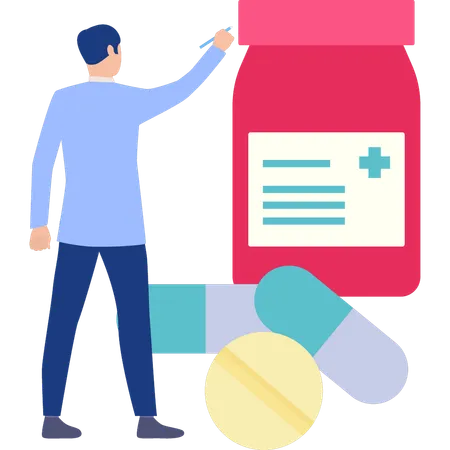 Man pointing to nutrition pills  Illustration