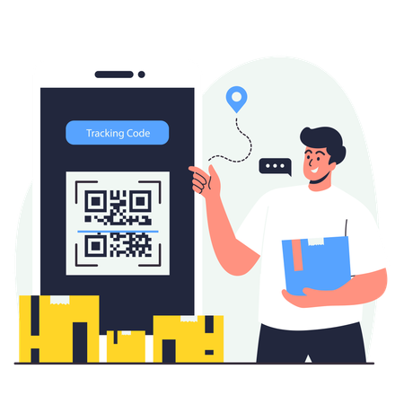 Man pointing to package tracking code barcode scanner  Illustration