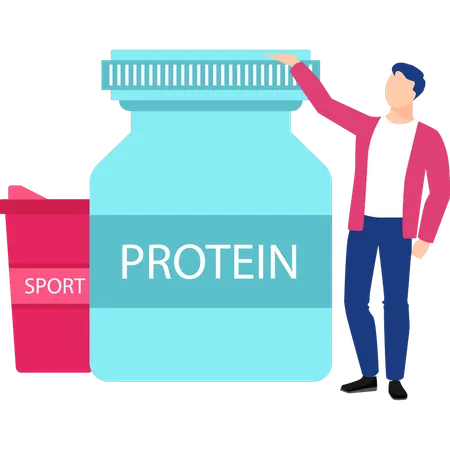 A Boy Is Pointing To Protein Jar Illustration
