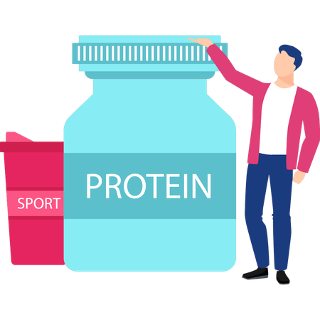 Man pointing to protein jar  Illustration