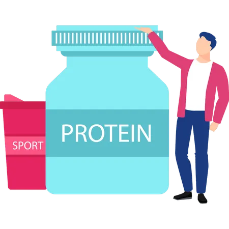 Man pointing to protein jar  Illustration