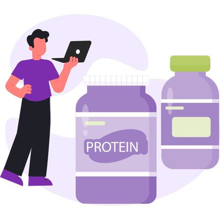 Man pointing to protein jar  Illustration