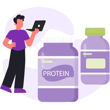 Man pointing to protein jar  Illustration