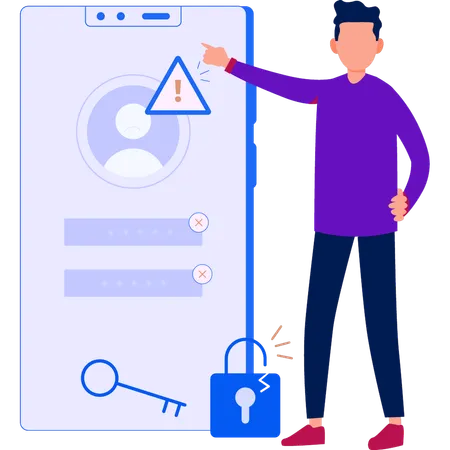 Man pointing to unsecured account on mobile  Illustration