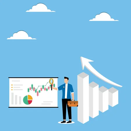 Man pointing with magnifier at stock market chart  Illustration