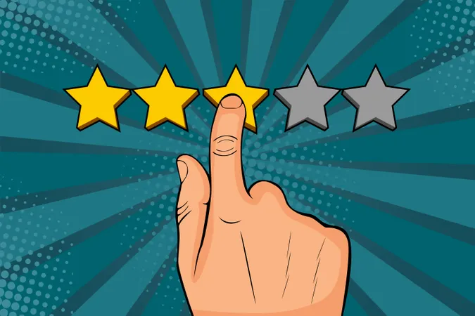 Man points finger at the star, puts rating, recalls as a golden stars Illustration