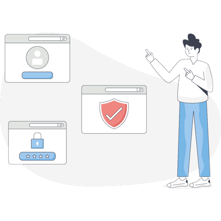 男性が安全と保護を象徴する盾と鍵が表示されている画面を指差している  イラスト