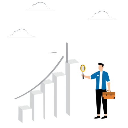 Man Points With Magnifying Glass At Graph  Illustration