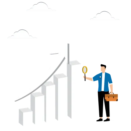 Man Points With Magnifying Glass At Graph  Illustration