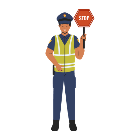 Man police officer holding stop sign  Illustration