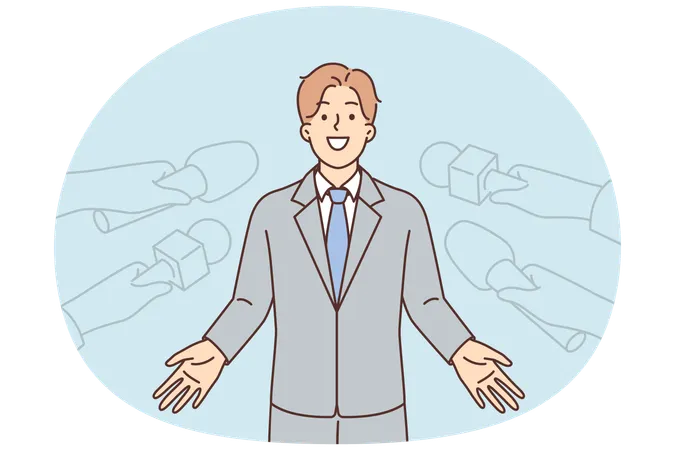 Man politician gives interview to reporters standing near hands with microphones  Illustration
