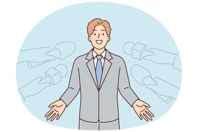 Man politician gives interview to reporters standing near hands with microphones  Illustration