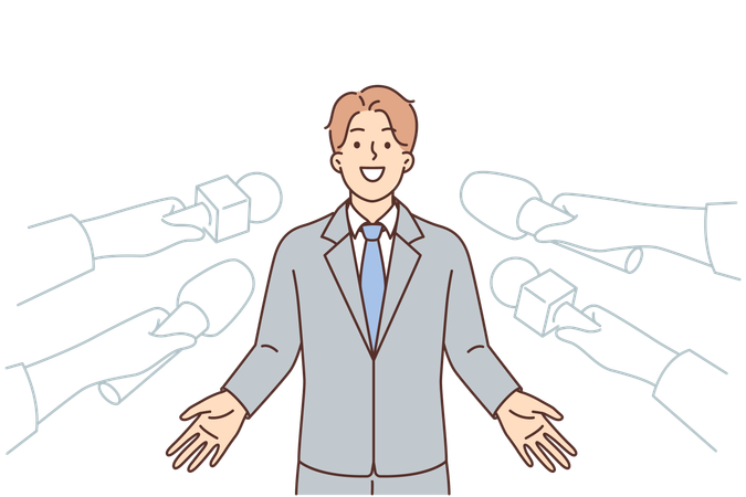 Man politician gives interview to reporters standing near hands with microphones  Illustration