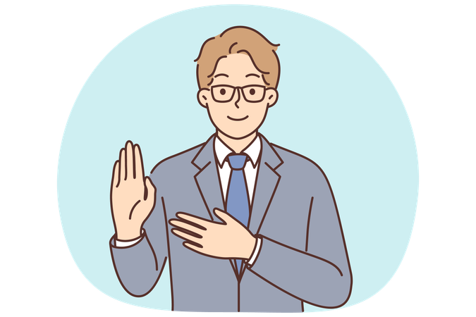 Man politician swear and put hand on heart giving oath of allegiance when entering public service  Illustration
