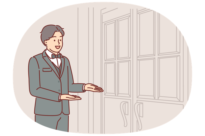 Man porter stands at door of restaurant inviting you to enter and saying welcome to guests  Illustration