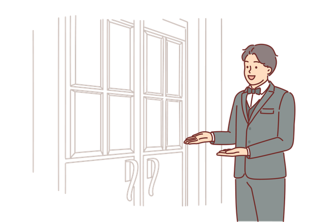 Man porter stands at door of restaurant welcoming guests  Illustration